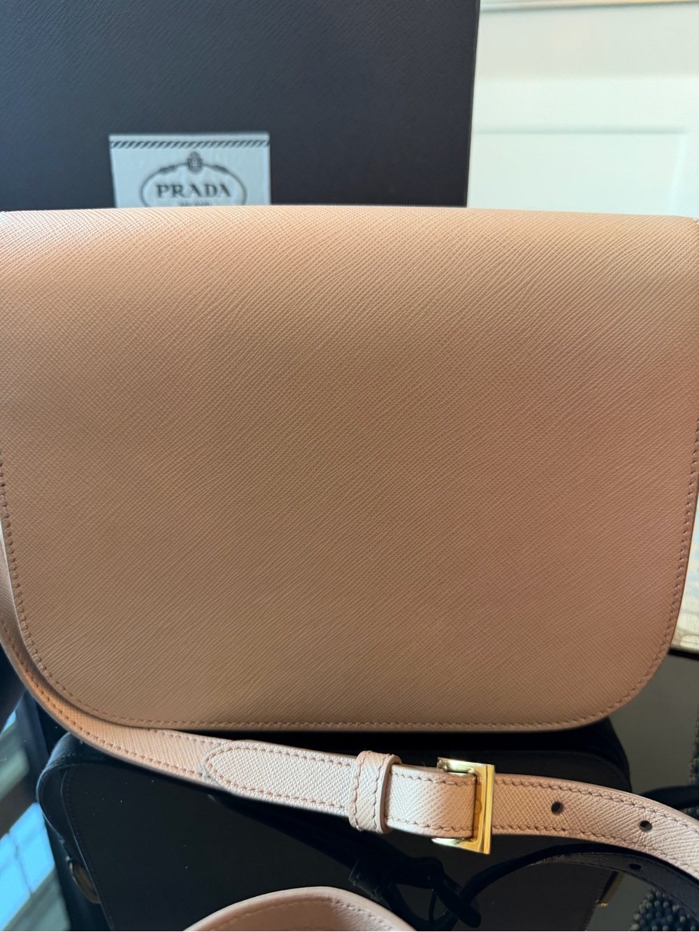 Prada Cipria Saffiano Lux Embleme Flap Shoulder or Crossbody Bag w/Gold Hardware - Picture 8 of 11
